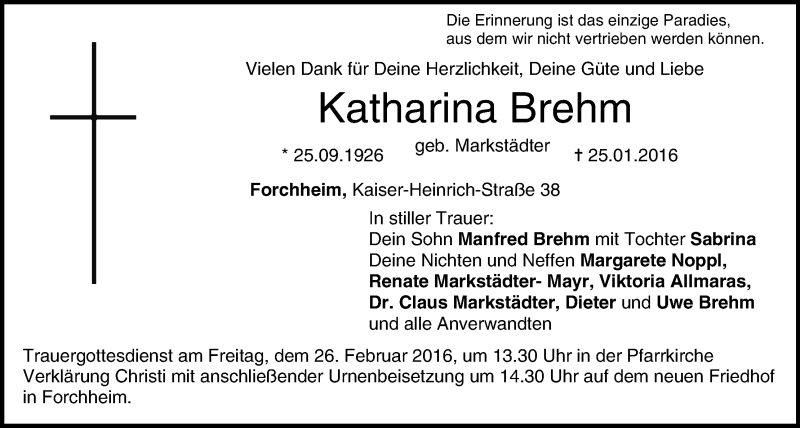  Traueranzeige für Katharina Brehm vom 24.02.2016 aus MGO