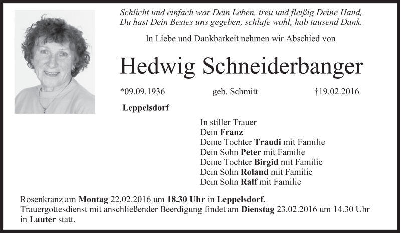  Traueranzeige für Hedwig Schneiderbanger vom 22.02.2016 aus MGO