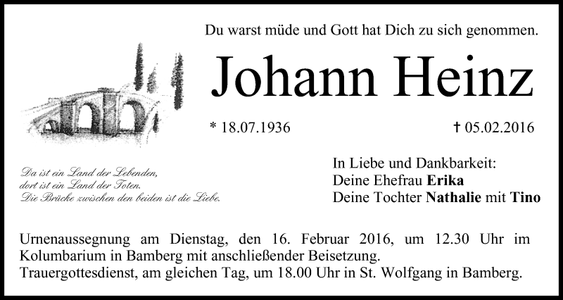  Traueranzeige für Johann Heinz vom 13.02.2016 aus MGO