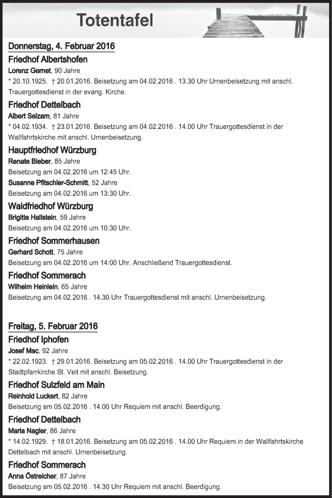  Traueranzeige für Totentafel vom 04.02.2016 vom 04.02.2016 aus MGO