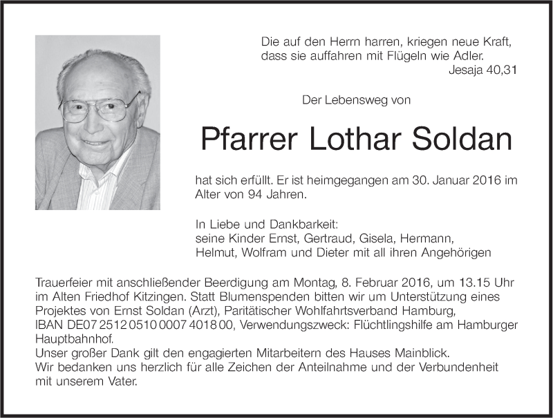  Traueranzeige für Lothar Soldan vom 03.02.2016 aus MGO
