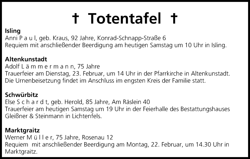  Traueranzeige für Totentafel vom 20.02.2016 vom 20.02.2016 aus MGO