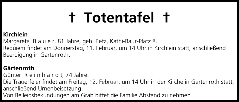  Traueranzeige für Totentafel vom 11.02.2016 vom 11.02.2016 aus MGO