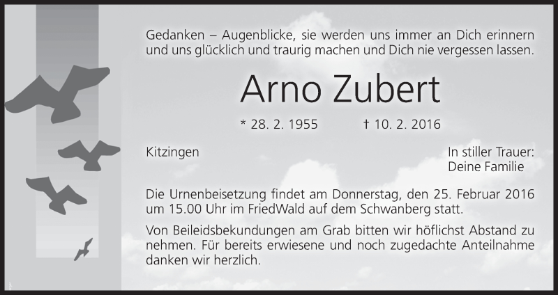  Traueranzeige für Arno Zubert vom 13.02.2016 aus MGO