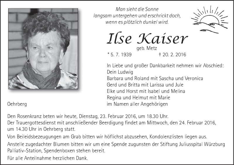  Traueranzeige für Ilse Kaiser vom 23.02.2016 aus MGO