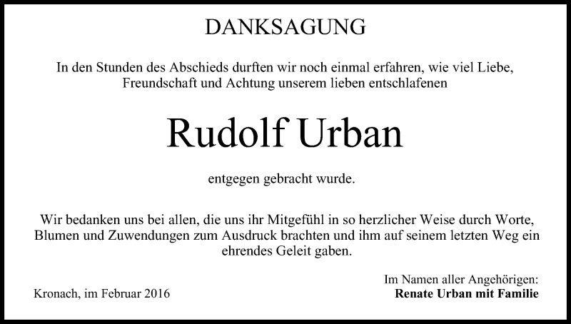  Traueranzeige für Rudolf Urban vom 06.02.2016 aus MGO