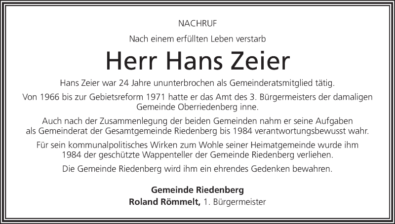  Traueranzeige für Hans Zeier vom 13.02.2016 aus MGO