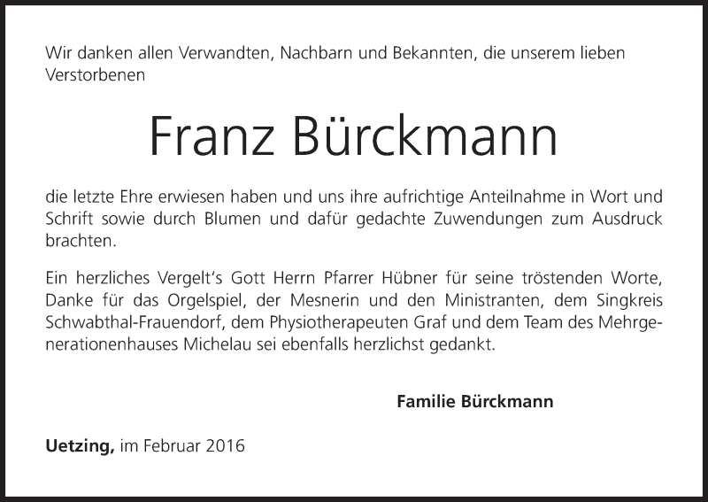  Traueranzeige für Franz Bürckmann vom 20.02.2016 aus MGO