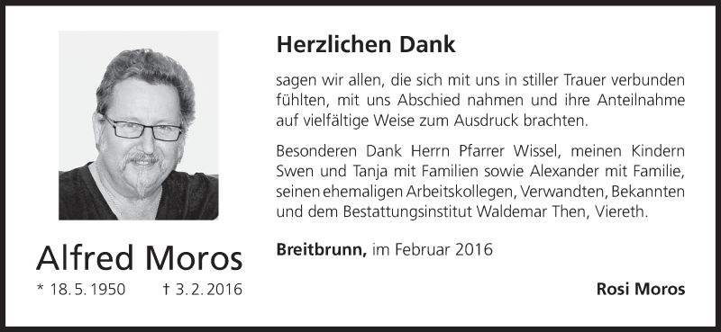  Traueranzeige für Alfred Moros vom 20.02.2016 aus MGO