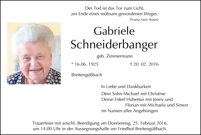  Traueranzeige für Gabriele Schneiderbanger vom 23.02.2016 aus MGO