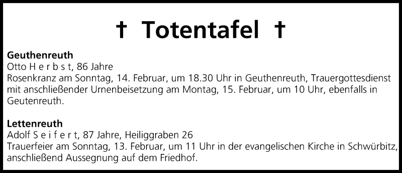  Traueranzeige für Totentafel vom 13.02.2016 vom 13.02.2016 aus MGO