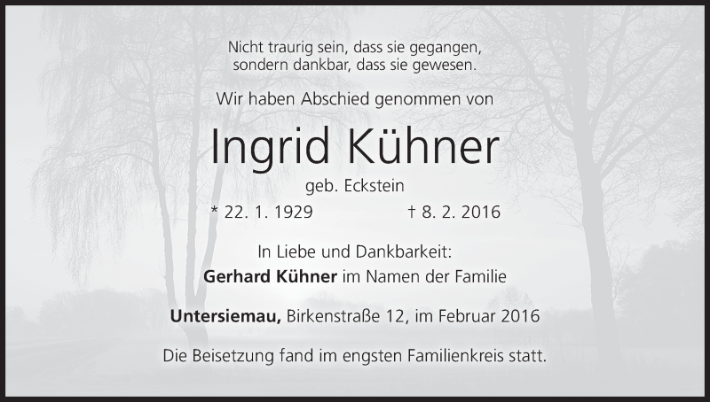  Traueranzeige für Ingrid Kühner vom 24.02.2016 aus MGO