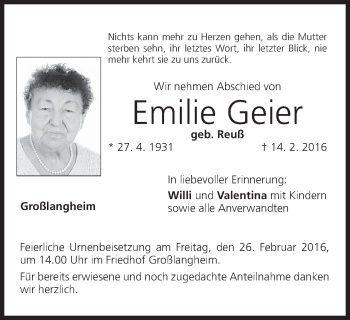 Emilie Geier | Traueranzeige | trauer.inFranken.de