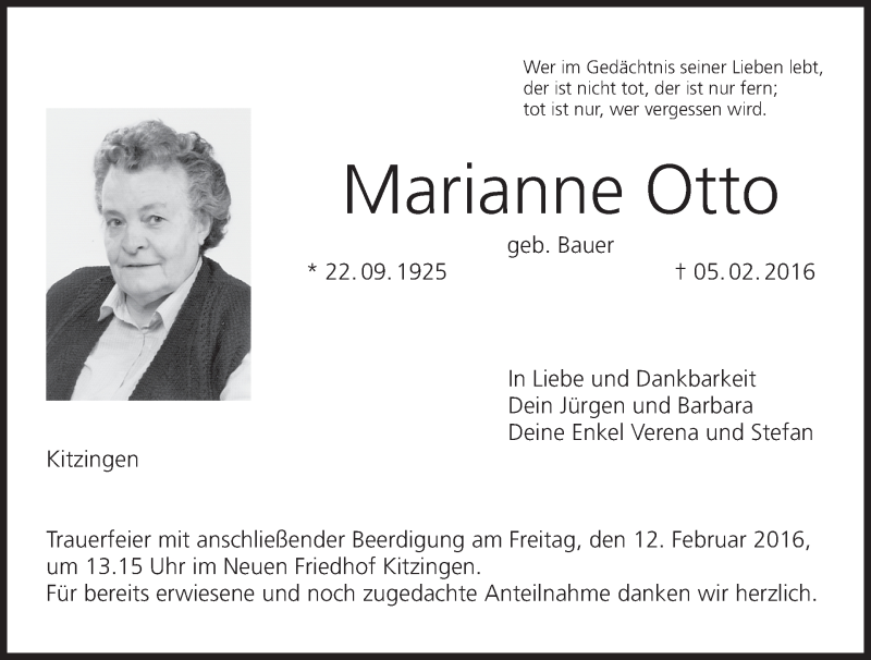  Traueranzeige für Marianne Otto vom 09.02.2016 aus MGO