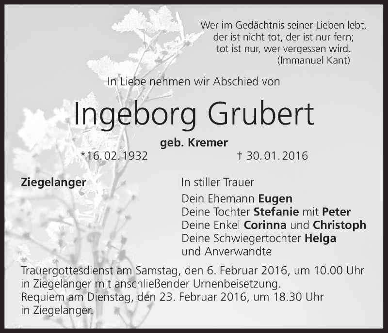  Traueranzeige für Ingeborg Grubert vom 03.02.2016 aus MGO