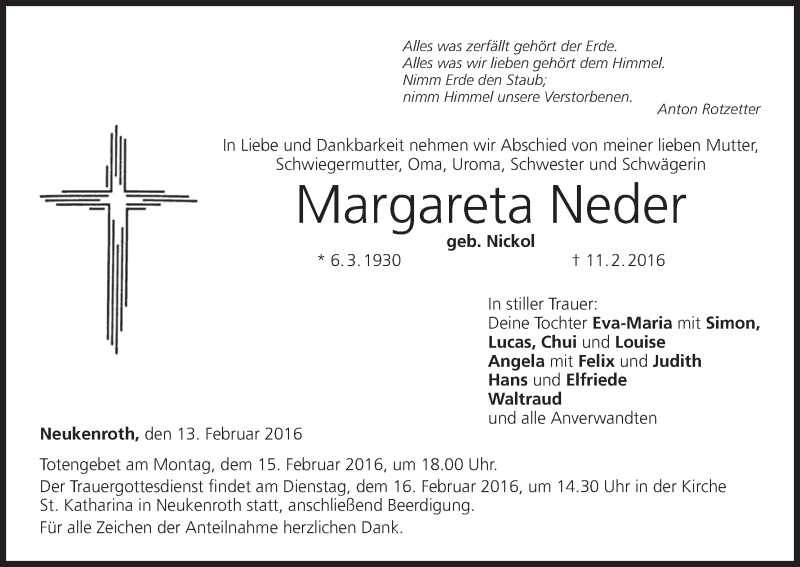  Traueranzeige für Margareta Neder vom 13.02.2016 aus MGO