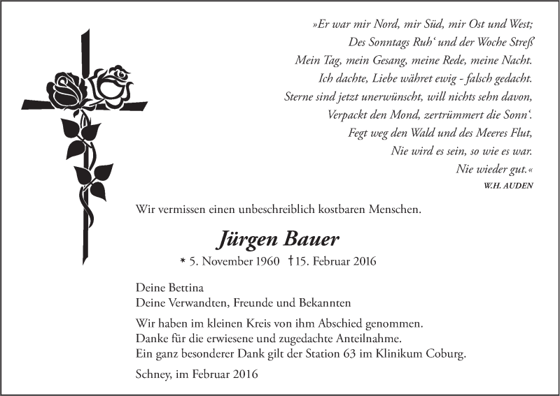  Traueranzeige für Jürgen Bauer vom 20.02.2016 aus MGO