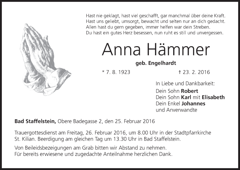  Traueranzeige für Anna Hämmer vom 25.02.2016 aus MGO
