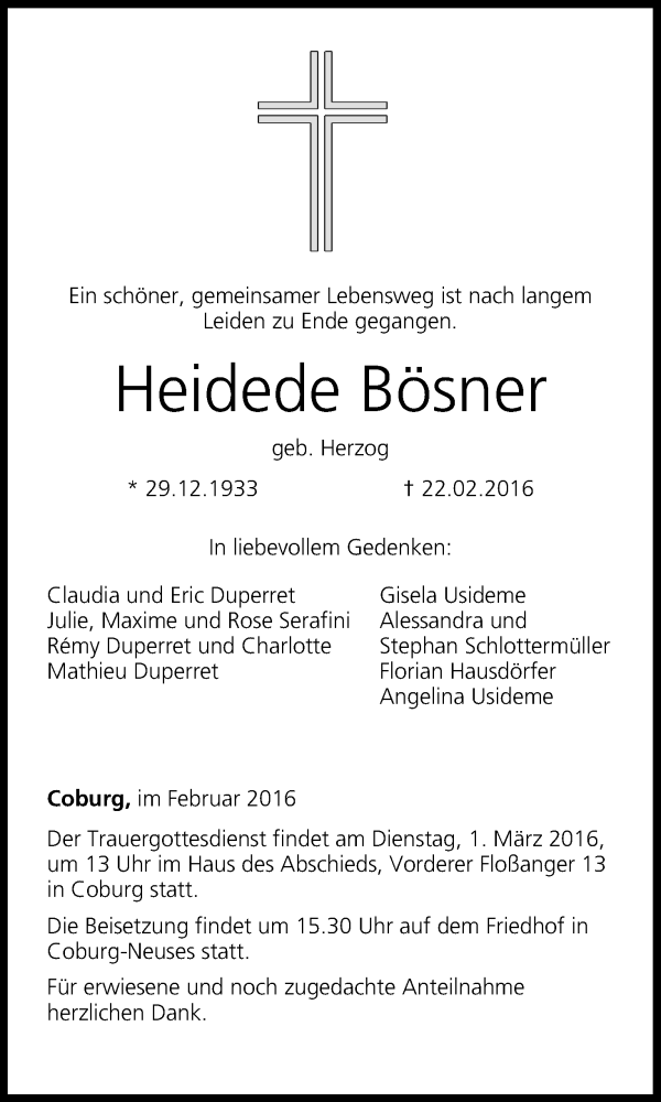 Traueranzeige für Heidede Bösner vom 27.02.2016 aus MGO