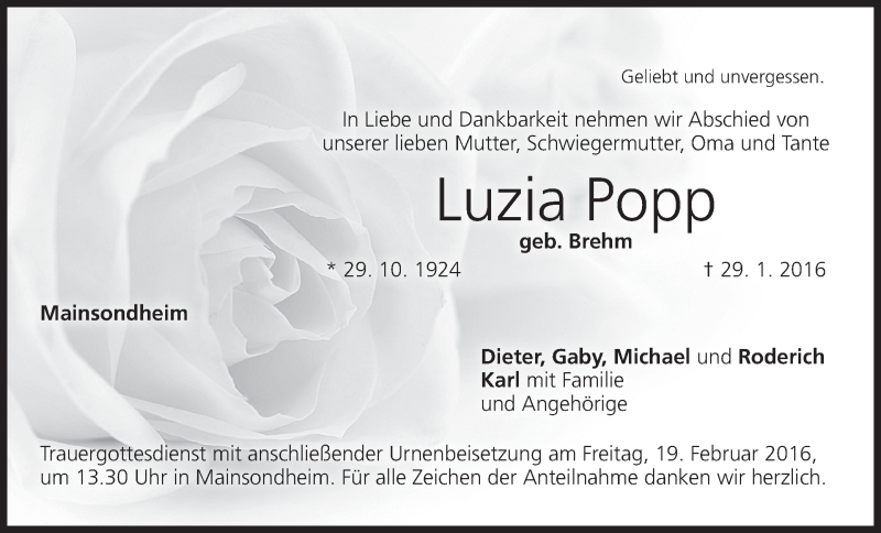  Traueranzeige für Luzia Po vom 17.02.2016 aus MGO