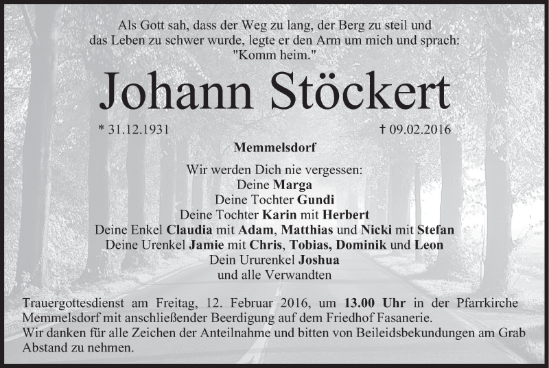  Traueranzeige für Johann Stöckert vom 11.02.2016 aus MGO