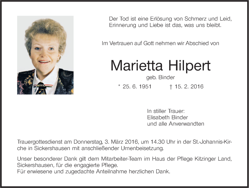  Traueranzeige für Marietta Hilpert vom 27.02.2016 aus MGO
