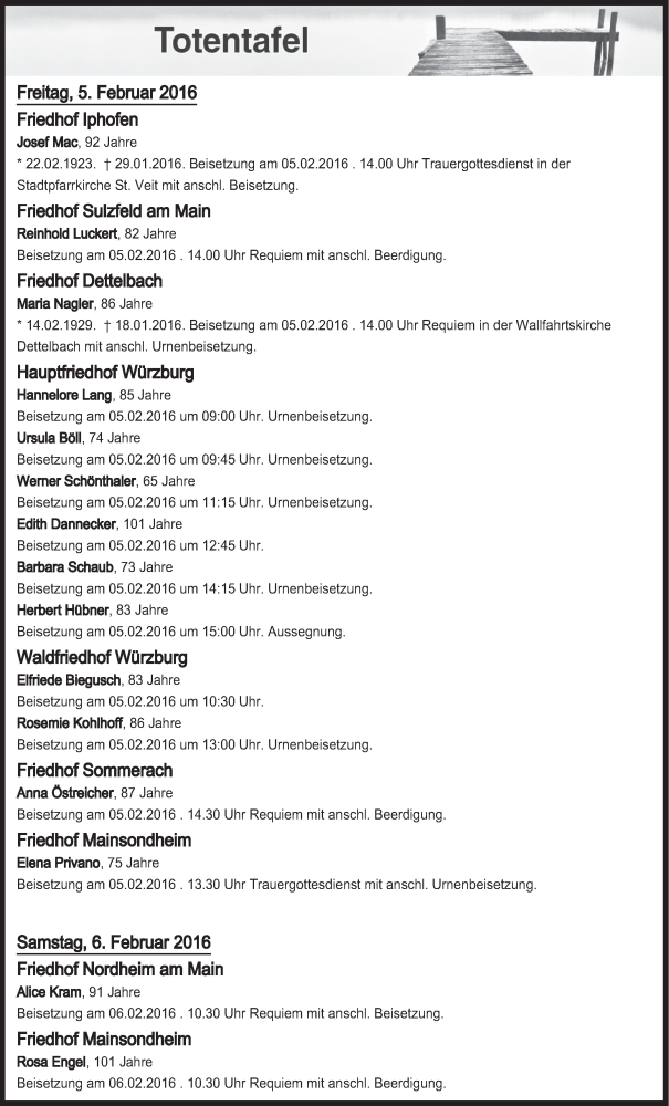  Traueranzeige für Totentafel vom 05.02.2016 vom 05.02.2016 aus MGO