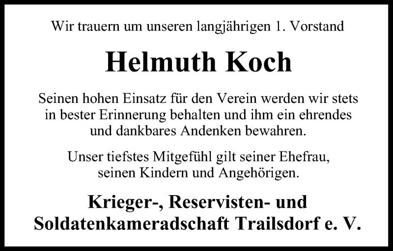  Traueranzeige für Helmuth Koch vom 20.02.2016 aus MGO