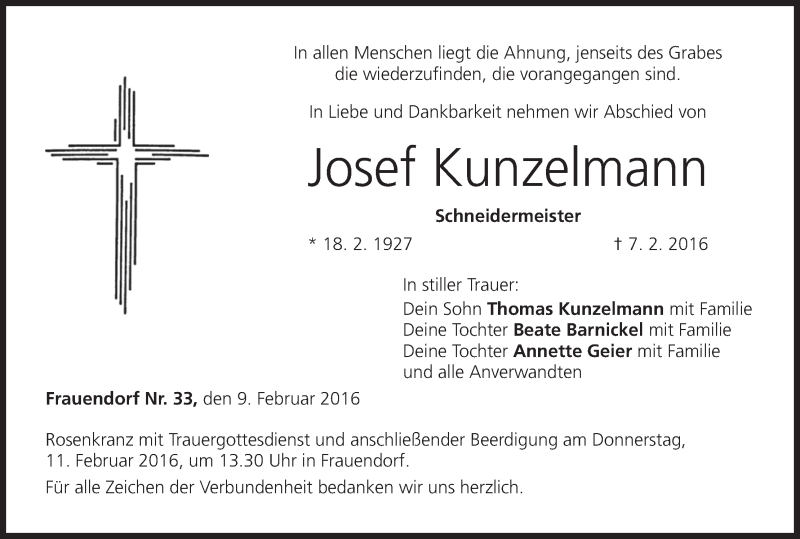  Traueranzeige für Josef Kunzelmann vom 09.02.2016 aus MGO