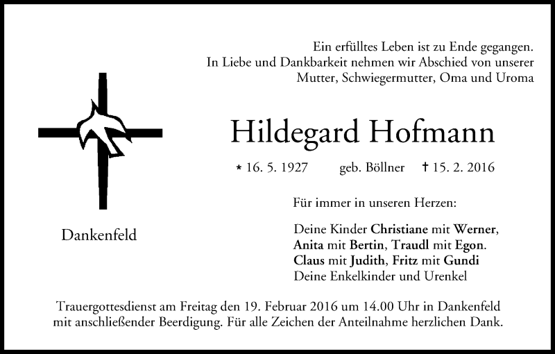  Traueranzeige für Hildegard Hofmann vom 17.02.2016 aus MGO