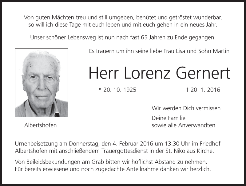  Traueranzeige für Lorenz Gernert vom 01.02.2016 aus MGO