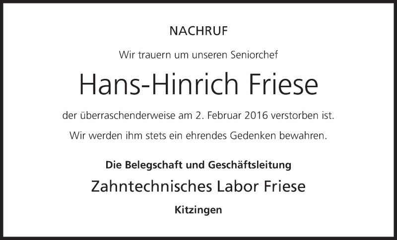  Traueranzeige für Hans-Hinrich Friese vom 10.02.2016 aus MGO