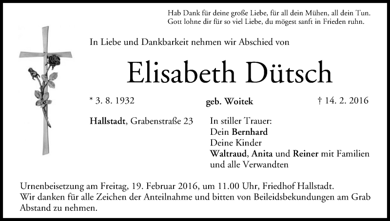  Traueranzeige für Elisabeth Dütsch vom 17.02.2016 aus MGO