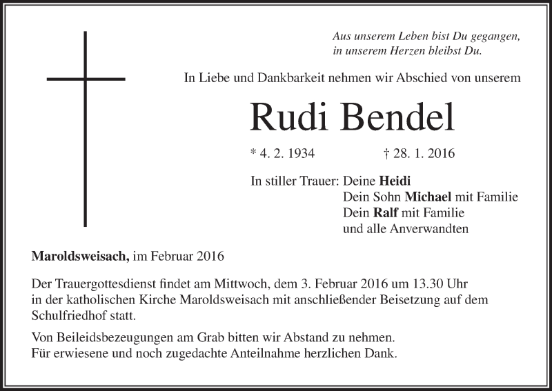  Traueranzeige für Rudi Bendel vom 01.02.2016 aus MGO