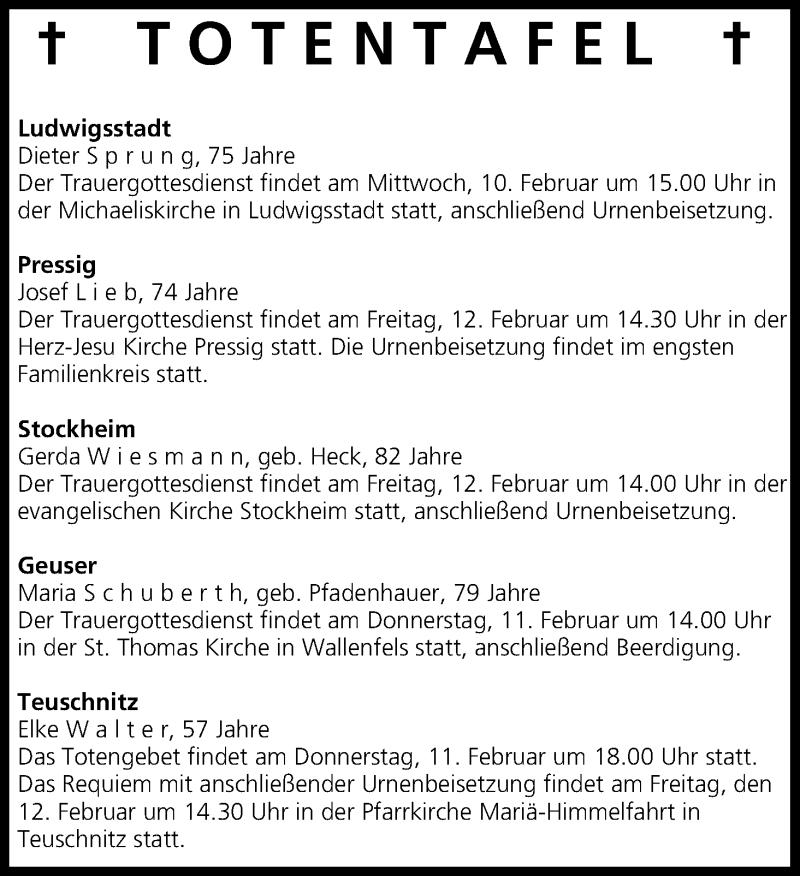  Traueranzeige für Totentafel vom 10.02.2016 vom 10.02.2016 aus MGO