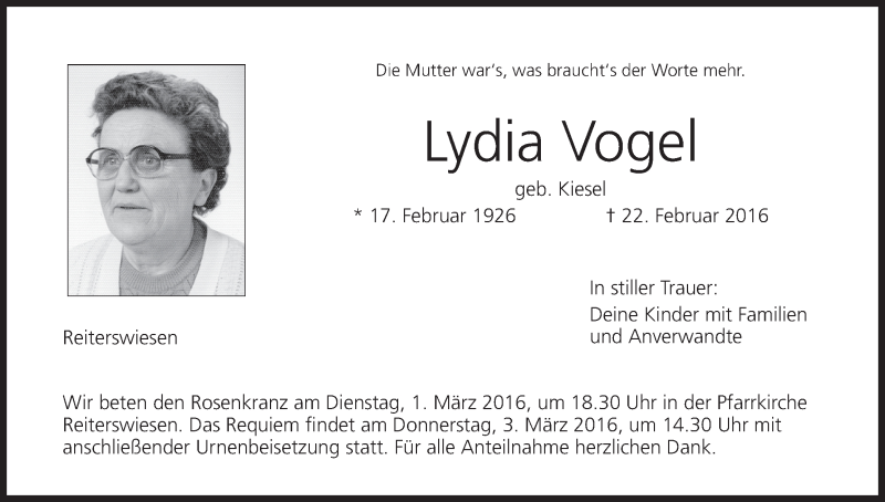  Traueranzeige für Lydia Vogel vom 27.02.2016 aus MGO