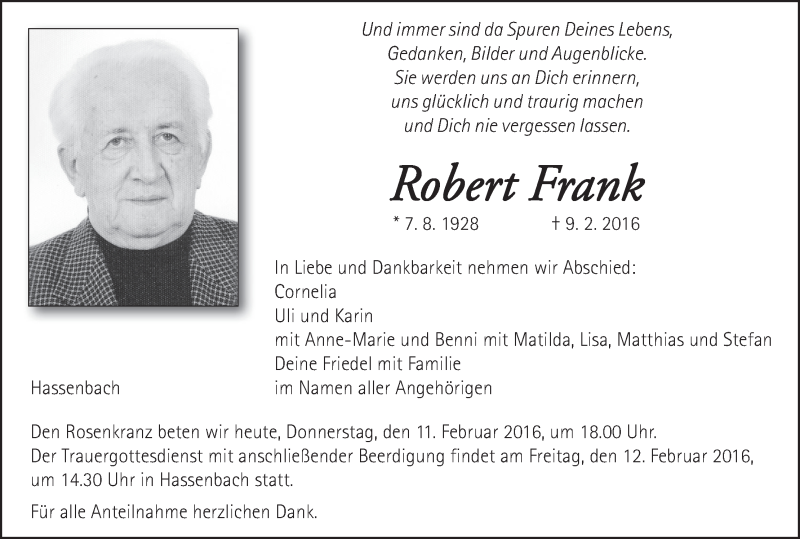  Traueranzeige für Robert Frank vom 11.02.2016 aus MGO
