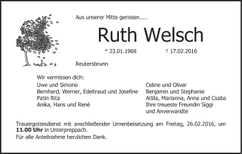 Anzeige von Ruth Welsch von MGO