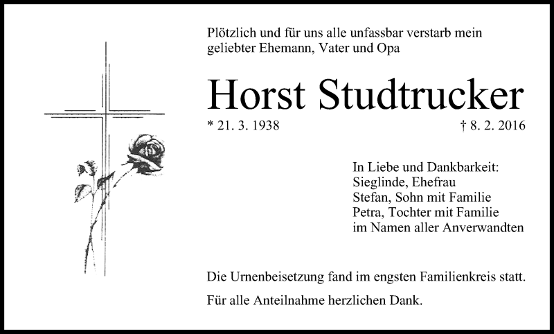  Traueranzeige für Horst Studtrucker vom 24.02.2016 aus MGO