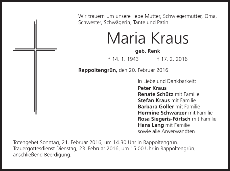  Traueranzeige für Maria Kraus vom 20.02.2016 aus MGO