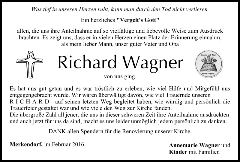  Traueranzeige für Richard Wagner vom 20.02.2016 aus MGO