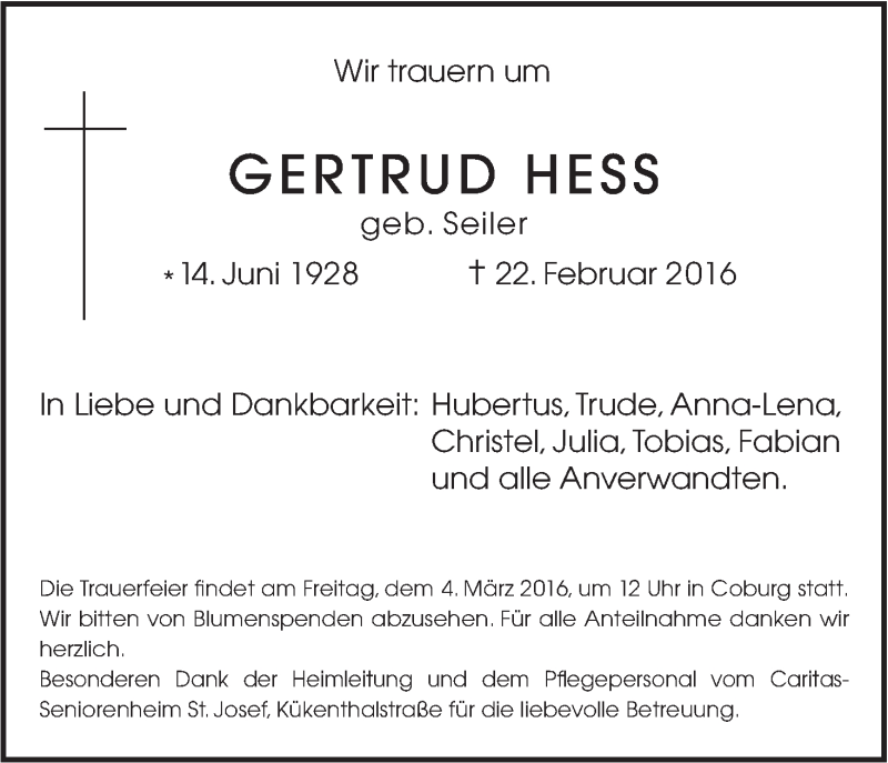  Traueranzeige für Gertrud Hess vom 27.02.2016 aus MGO