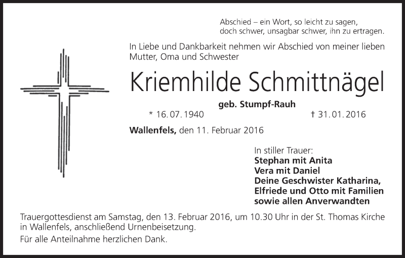  Traueranzeige für Kriemhilde Schmittnägel vom 11.02.2016 aus MGO