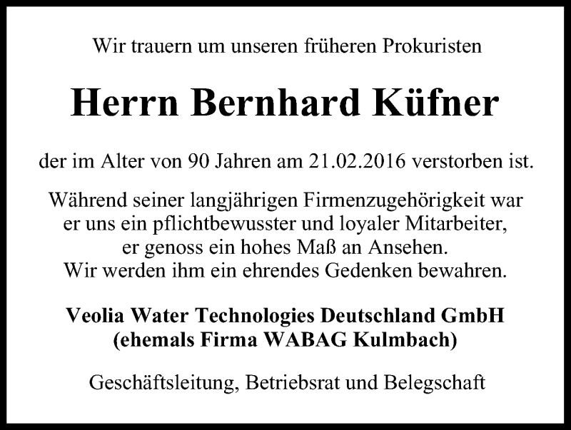  Traueranzeige für Bernhard Küfner vom 26.02.2016 aus MGO