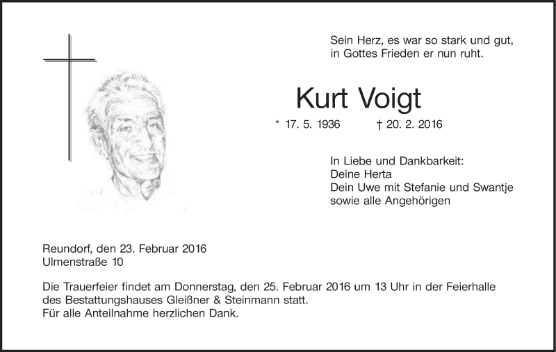  Traueranzeige für Kurt Voigt vom 23.02.2016 aus MGO