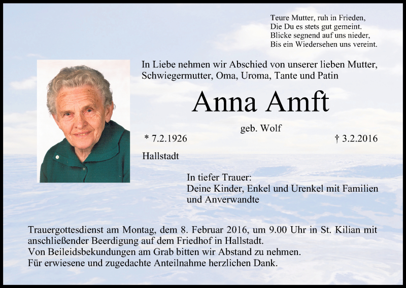  Traueranzeige für Anna Amft vom 06.02.2016 aus MGO