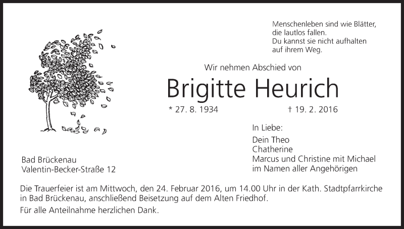  Traueranzeige für Brigitte Heurich vom 23.02.2016 aus MGO