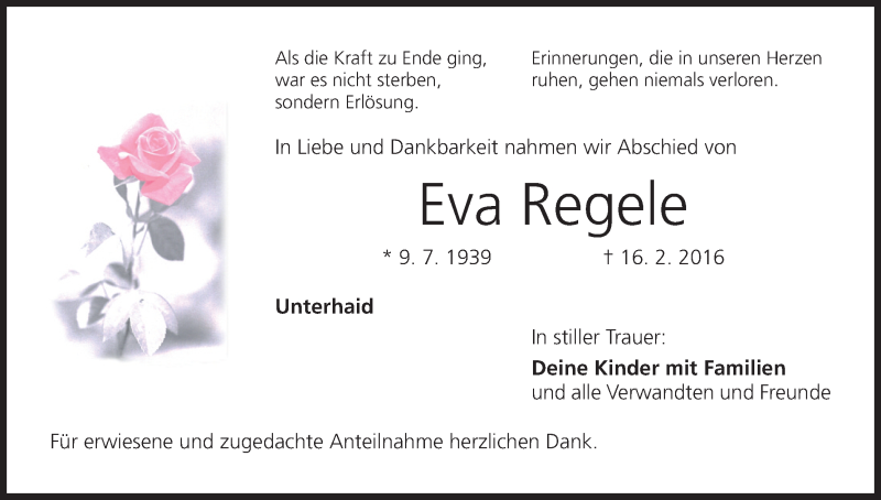  Traueranzeige für Eva Regele vom 27.02.2016 aus MGO