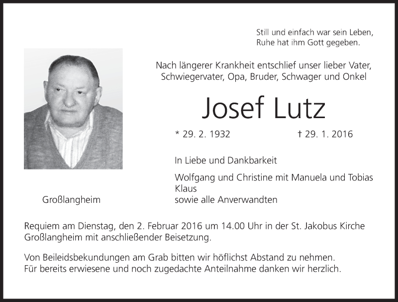  Traueranzeige für Josef Lutz vom 01.02.2016 aus MGO