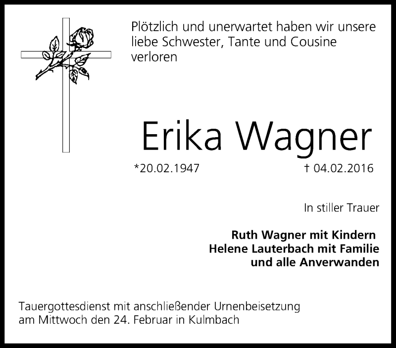  Traueranzeige für Erika Wagner vom 19.02.2016 aus MGO